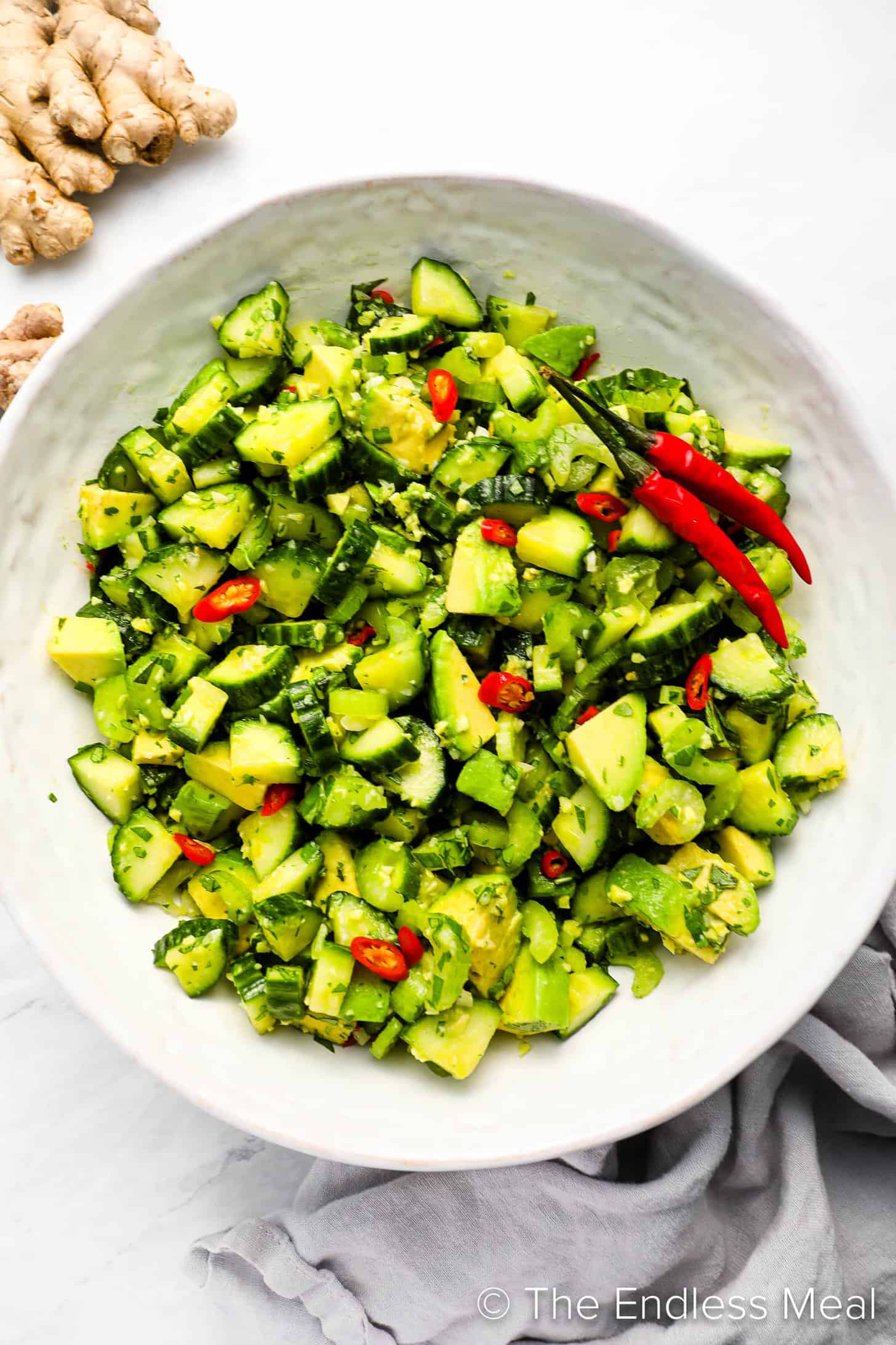 Cucumber avocado salad with ginger and Thai chili