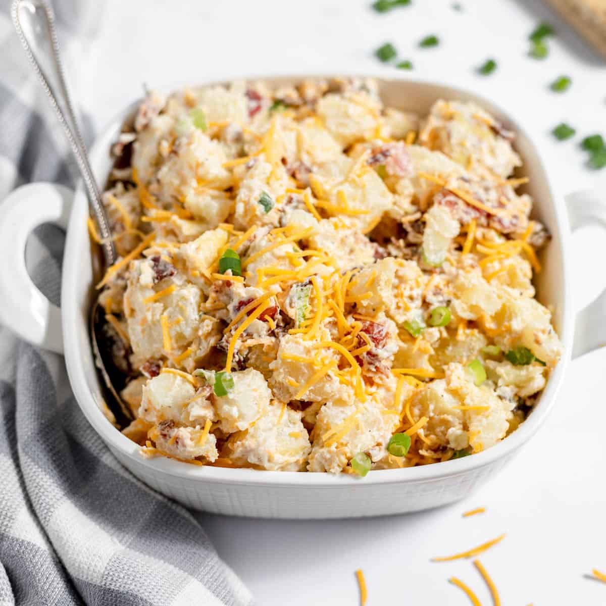 Loaded baked potato salad with bacon and cheddar