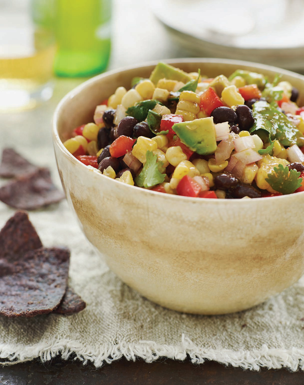 Black bean and corn salad with avocado, red bell pepper, cilantro and chipotle honey vinaigrette