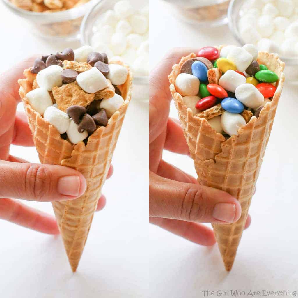 Campfire cones with chocolate chips and marshmallows wrapped in foil