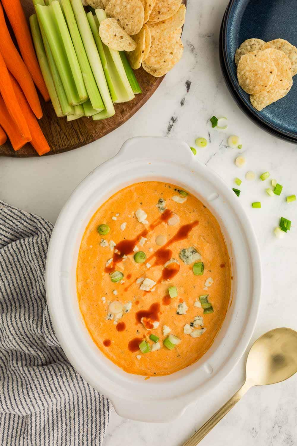 Cheesy Slow Cooker Buffalo Chicken Dip with shredded chicken