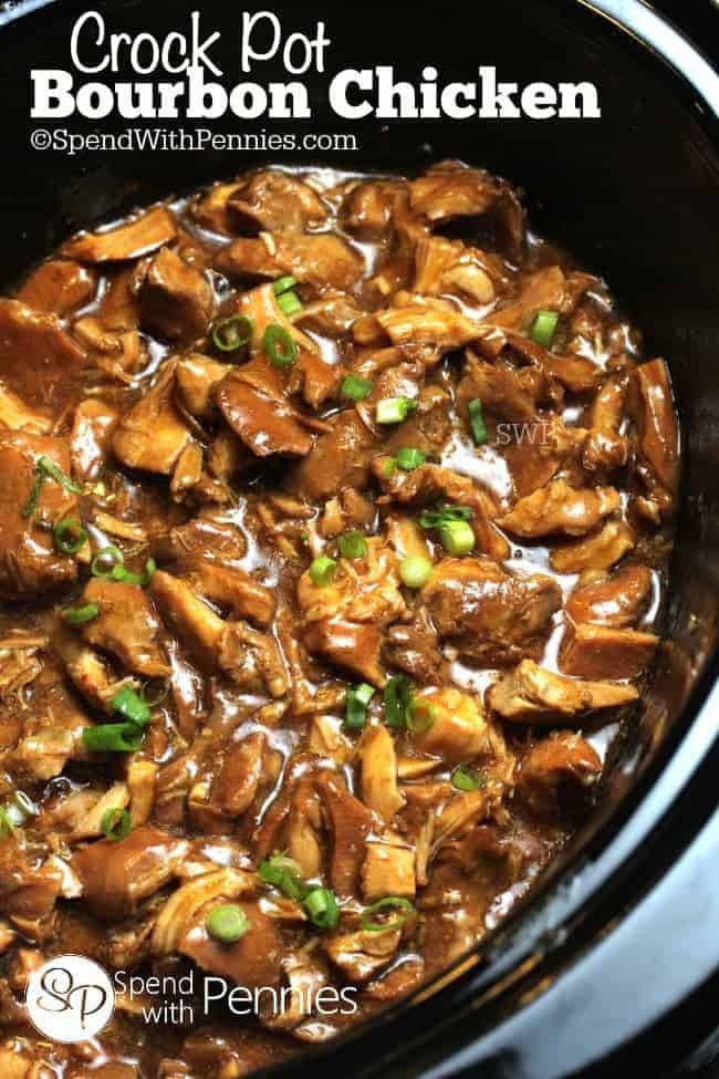 Crock Pot Bourbon Chicken served with rice and green onions