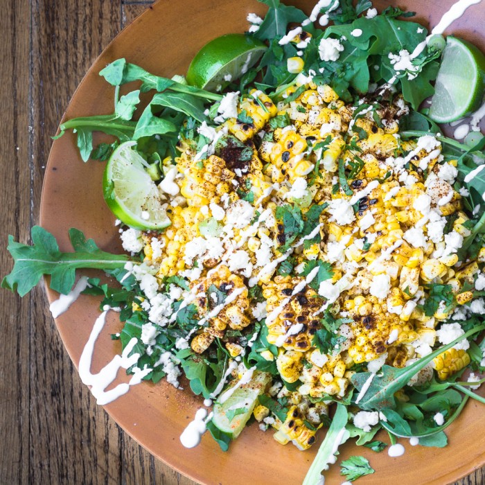 Mexican street corn salad with arugula and cotija