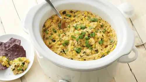 Slow Cooker Elote Dip with corn and poblano