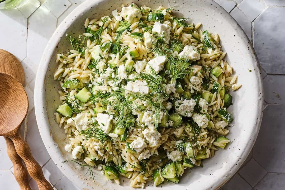 Cucumber feta orzo pasta salad with dill