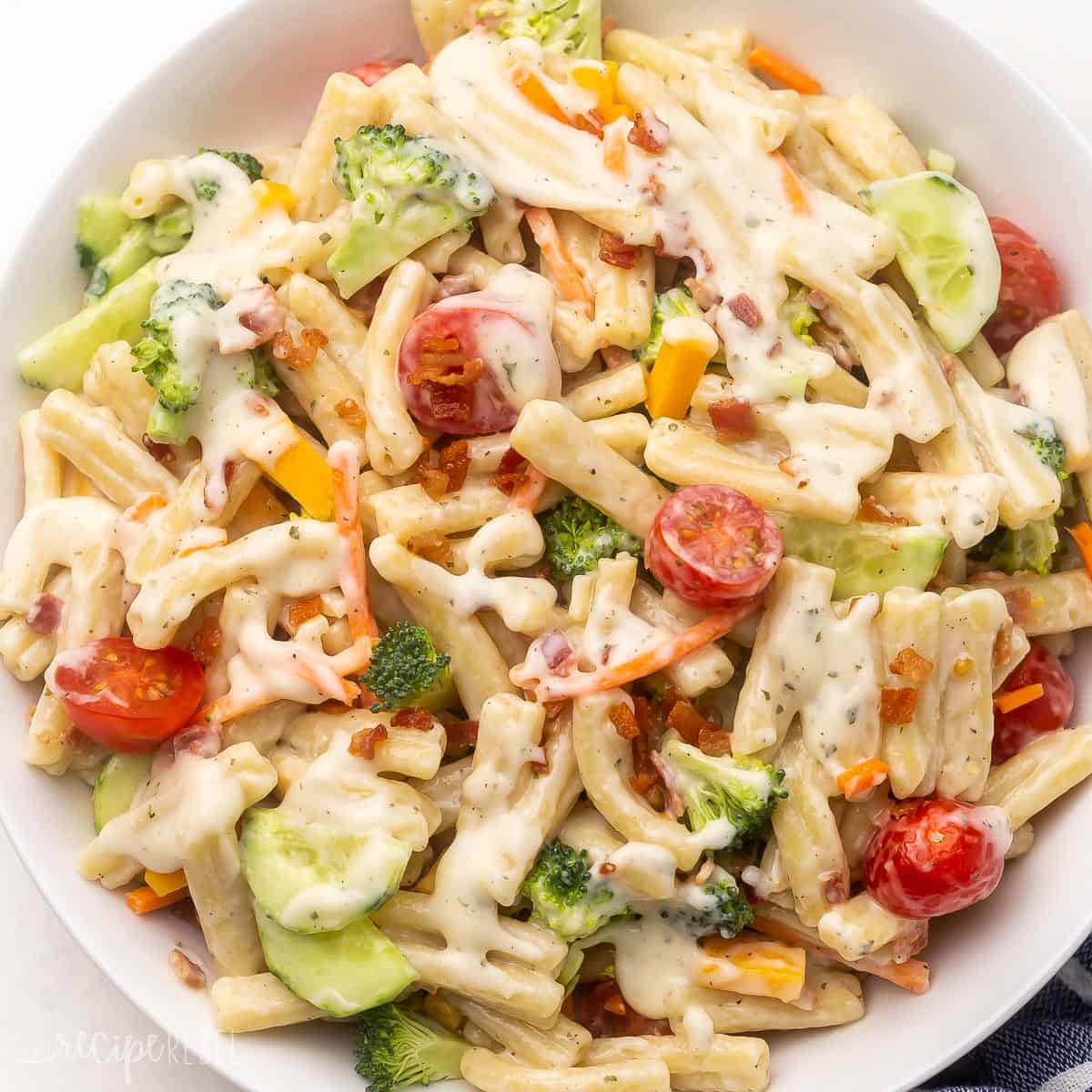 Bacon ranch pasta salad with gemelli and vegetables