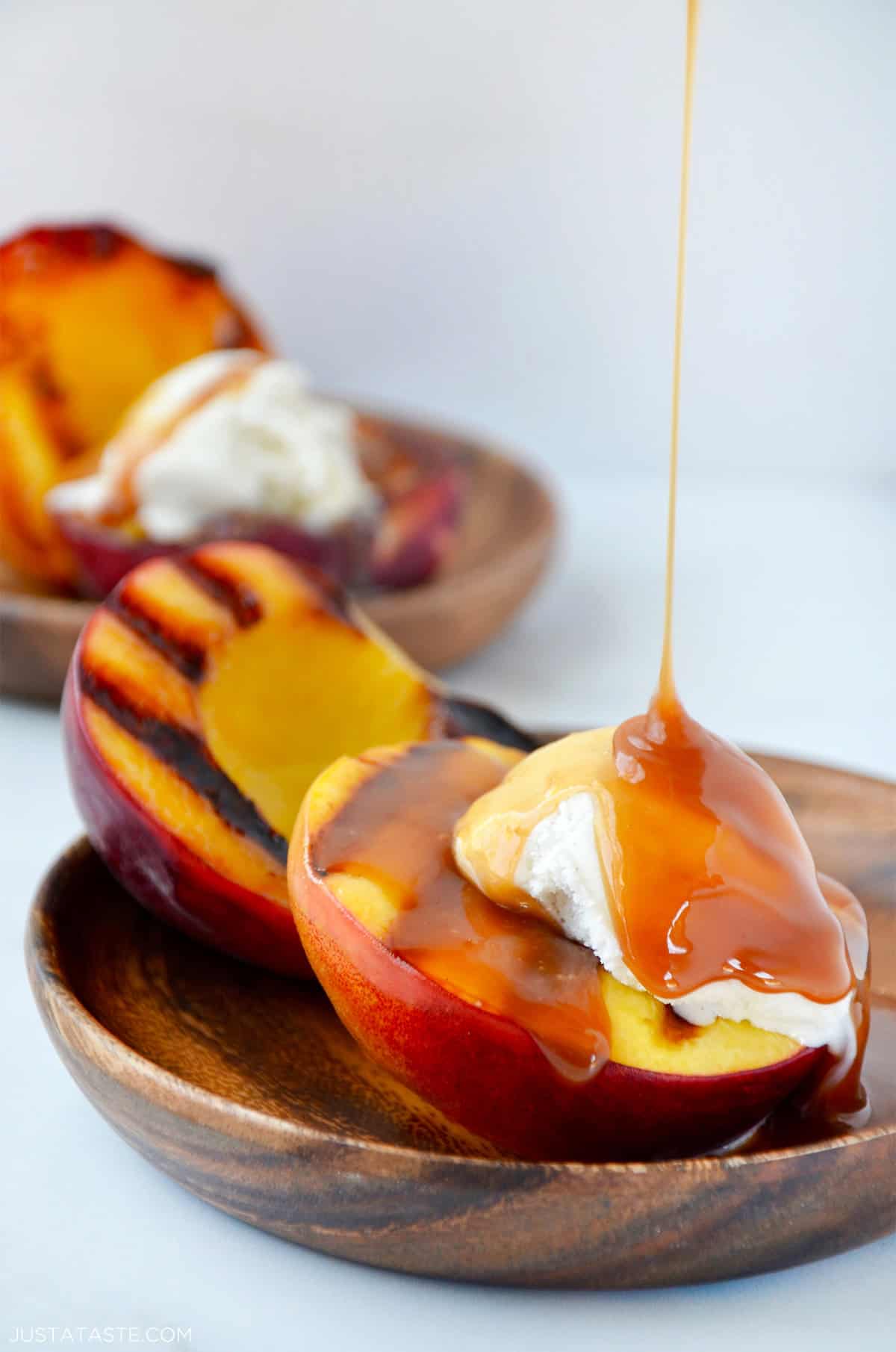 Grilled peach sundaes with boozy caramel sauce
