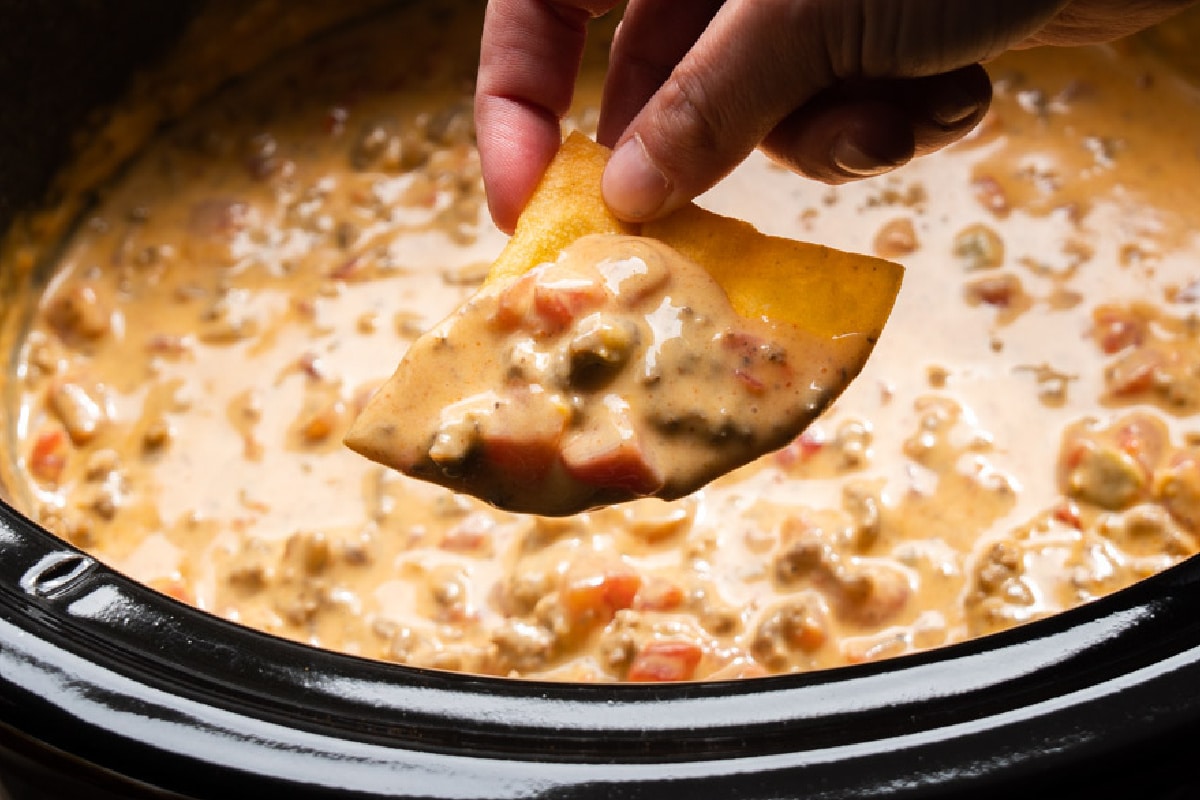 Crockpot Rotel Dip with Velveeta and ground beef close up