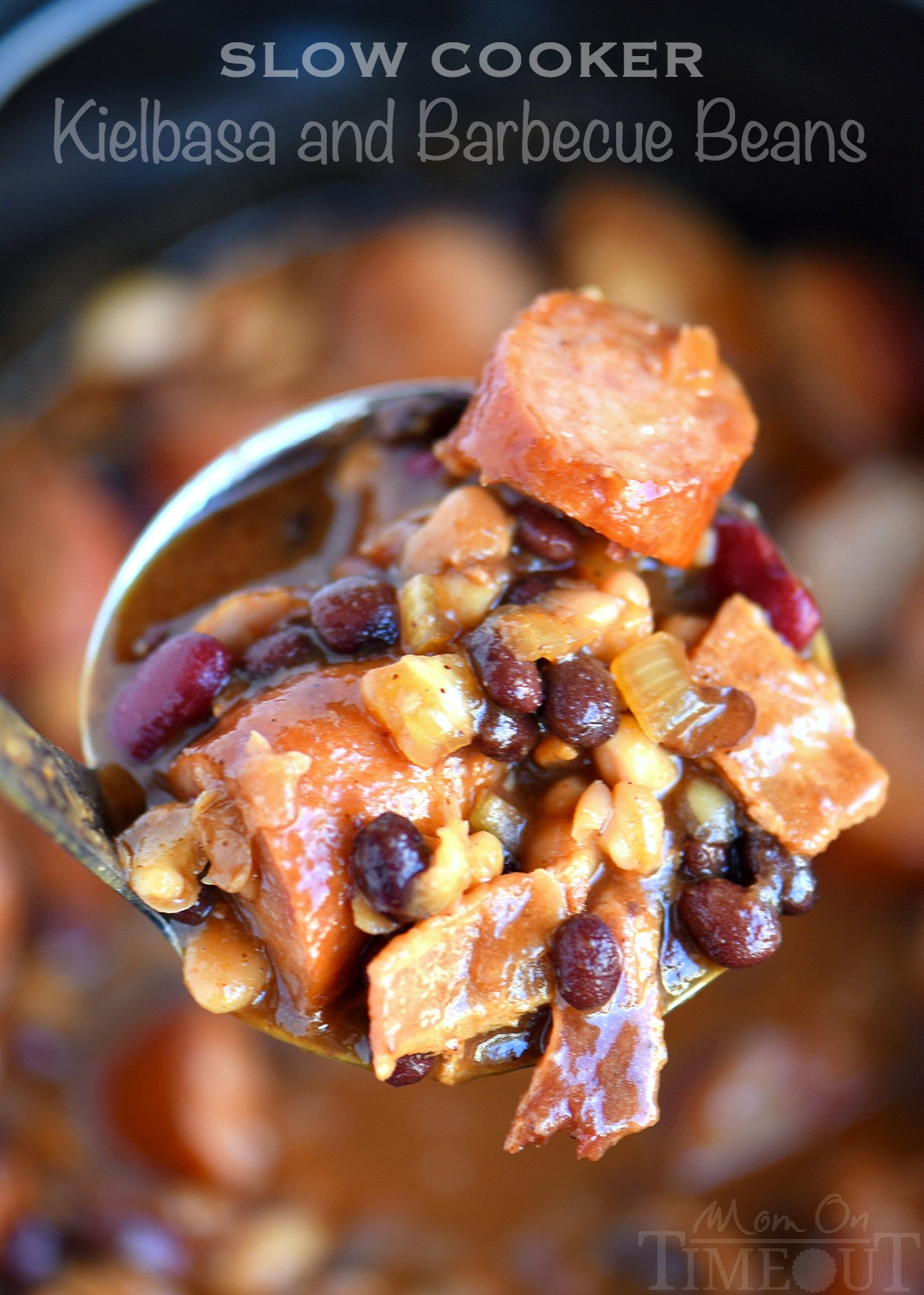 Slow cooker kielbasa and barbecue beans with three kinds of beans and molasses sauce