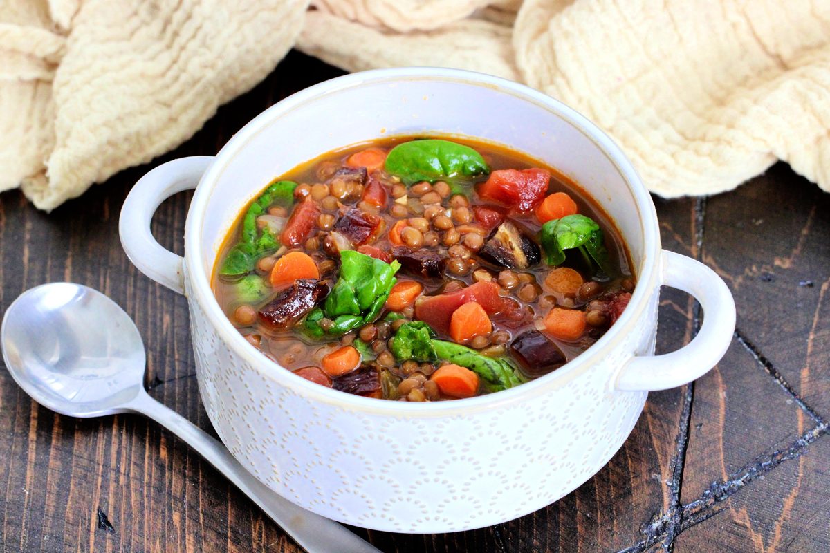 Slow Cooker Lentil Soup with Dates and Spinach