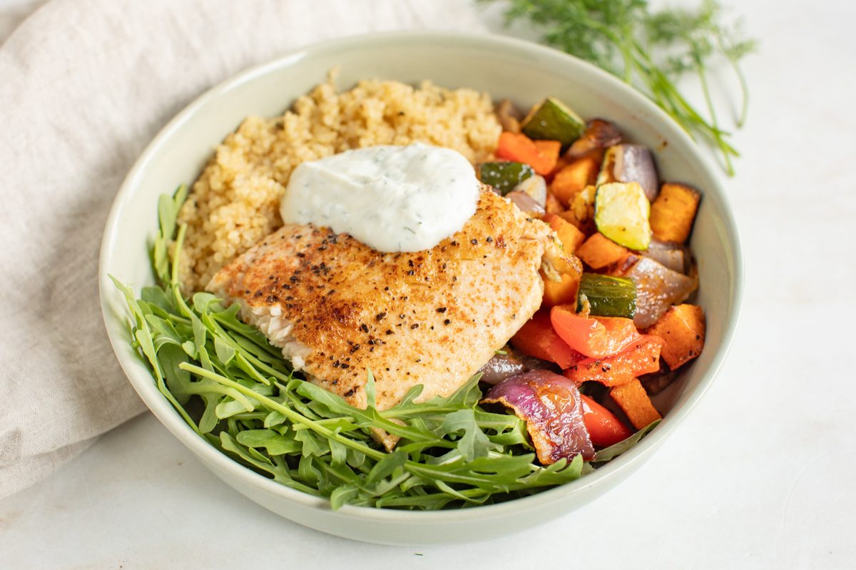 Roasted Veggie Grain Bowl with Tilapia