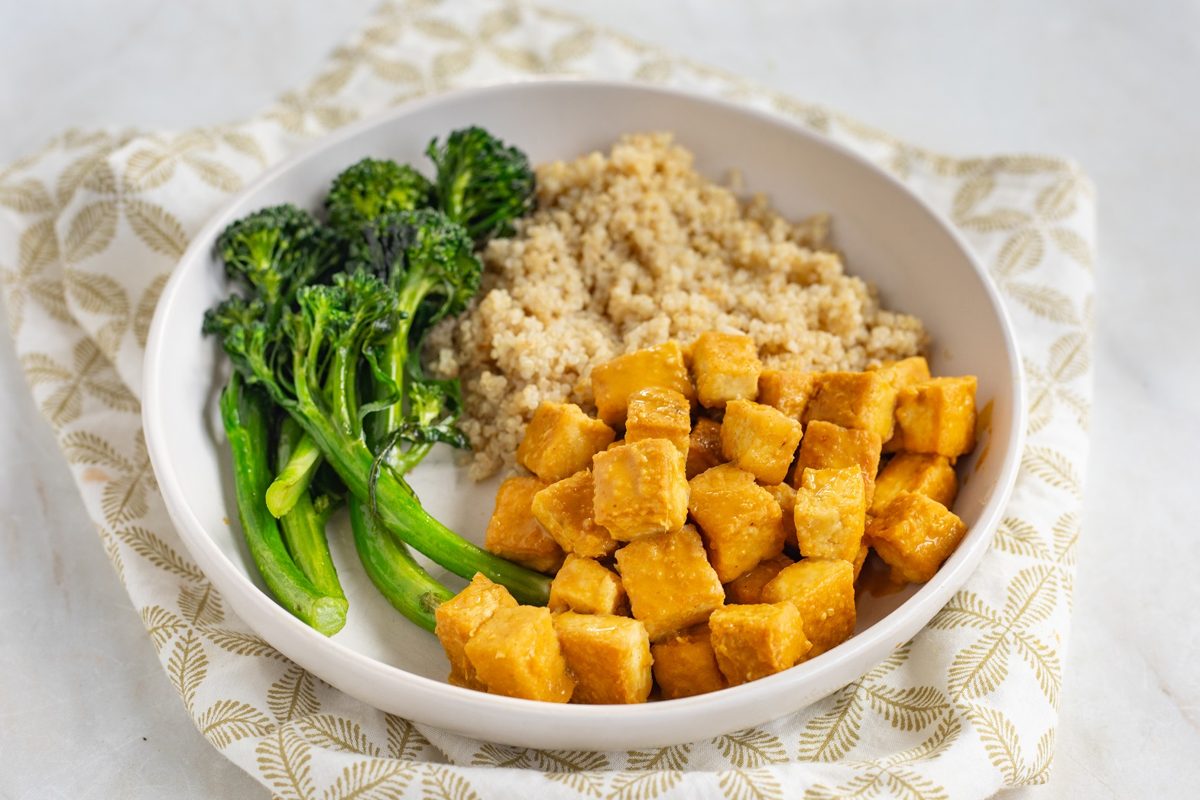 Tofu with Peanut Sauce, Broccolini & Quinoa